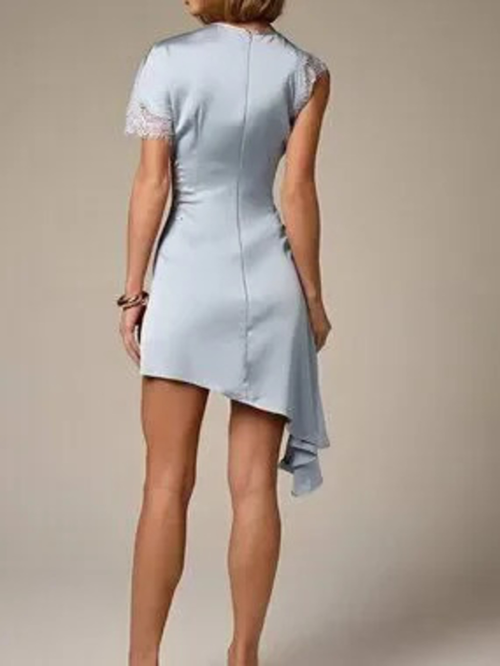 Baby Blue Elegant Women's Lace Detail Asymmetric Mini Dress With Short Sleeves